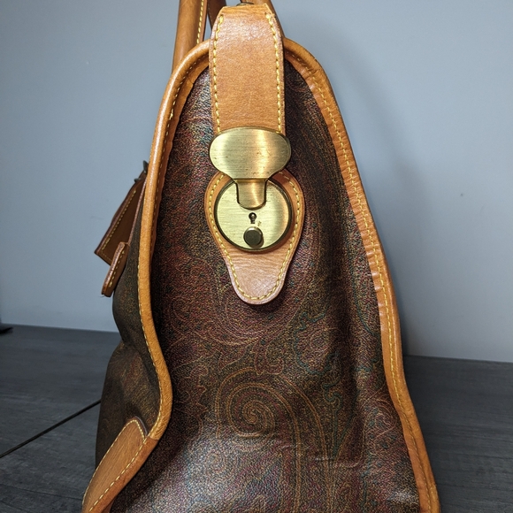 Etro | Vintage Milano Burgundy Paisley Tan Trim Leather Tote Bag - Picture 6 of 8